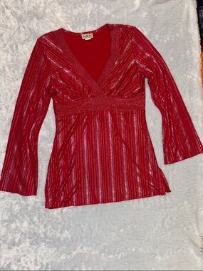 MKM Designs Shimmery Red V-Neck Top with Metallic Trim